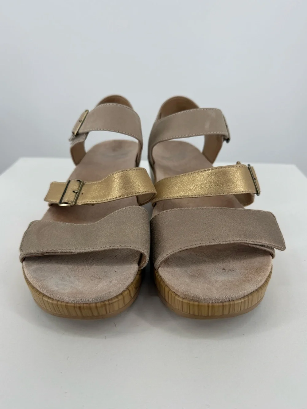 Dansko Beige and Gold Buckle Strap Sandals